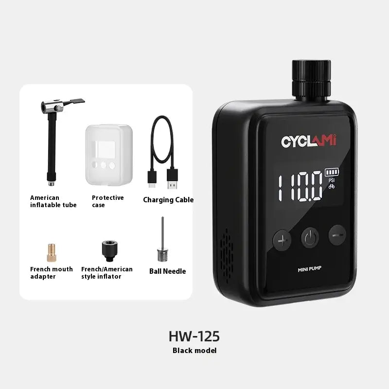 Black digital mini pump with accessories for Smart Portable Tire Inflator HW-125