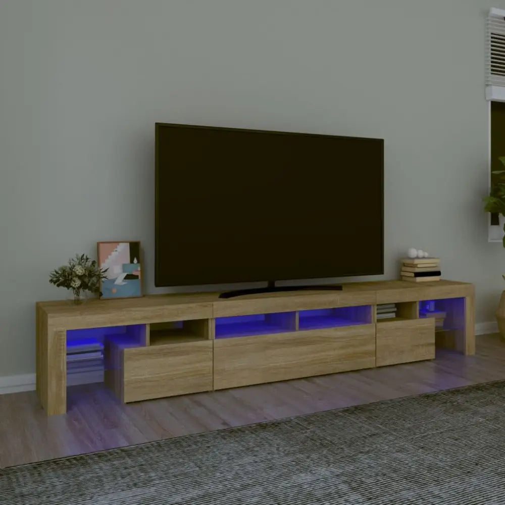 Wooden Sonoma Oak TV Stand with LED Lights featuring RGB LED lighting for modern decor