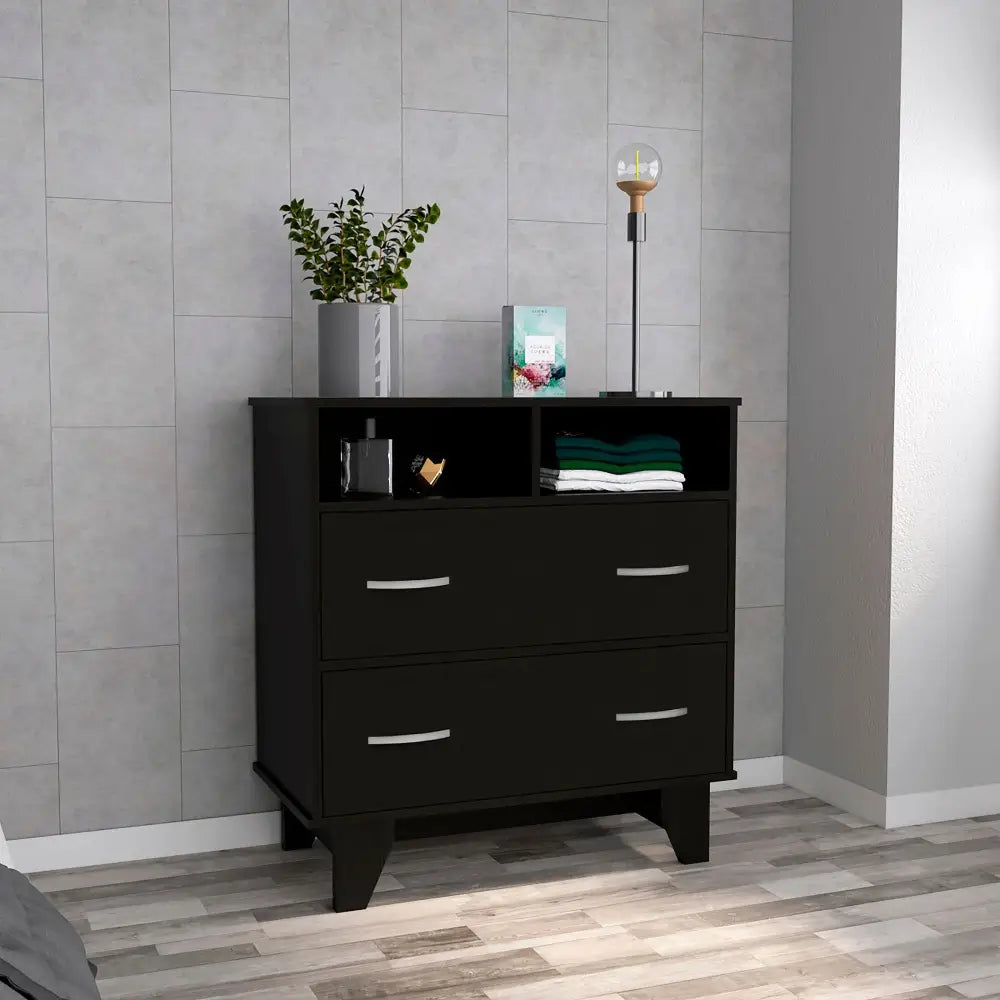 Black Stamford Two Drawer Dresser with open storage and sleek drawer dresser design