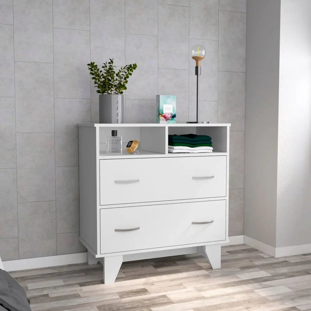 White Stamford two drawer dresser with open shelf, contemporary two drawer dresser design