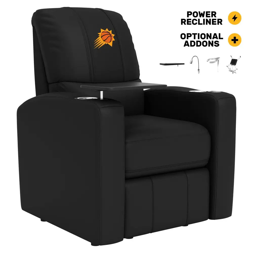 Black leather recliner with Phoenix Suns logo showcasing stealth power functionality