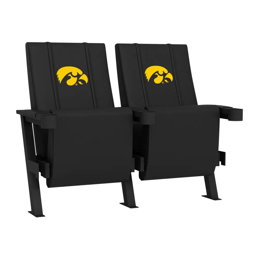 Black stadium seats with yellow Iowa Hawkeyes logo for SuiteMax 3.5 VIP seating