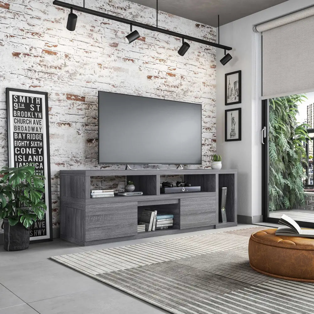 Gray woodgrain adjustable TV stand suitable for two large TVs up to 65 inches