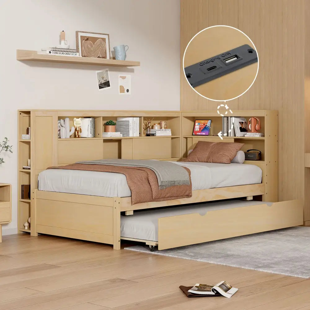 Twin size light wood daybed with storage shelves and optional box spring