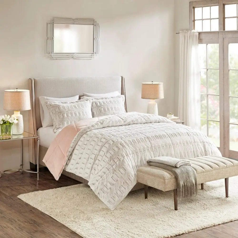 Comfortable bedroom arrangement with Twin White Print Long Fur Comforter Set featuring faux fur accents