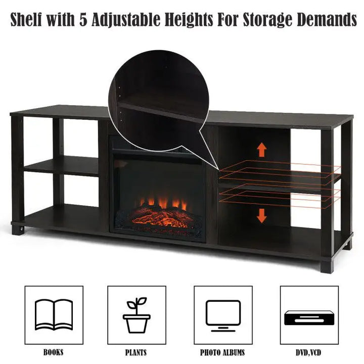 Dark brown media console with electric fireplace and adjustable shelves for high weight capacity