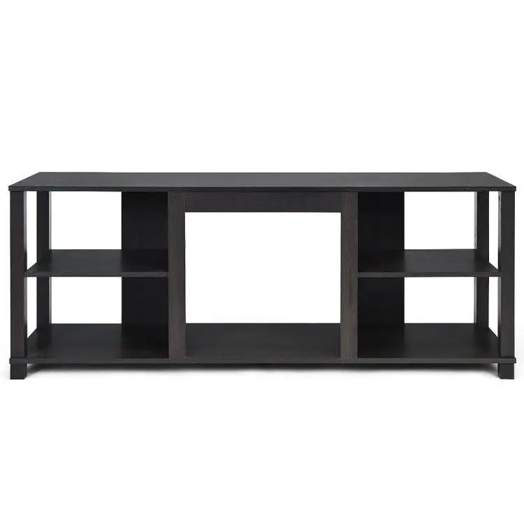 Black media console with adjustable shelves and maximum weight capacity for TV and accessories