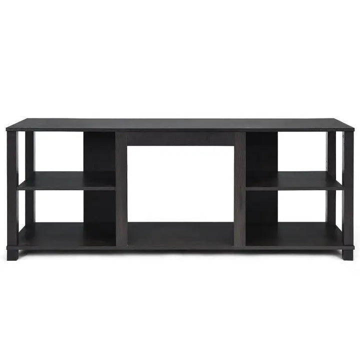 Black media console with adjustable shelves and maximum weight capacity for TV and accessories