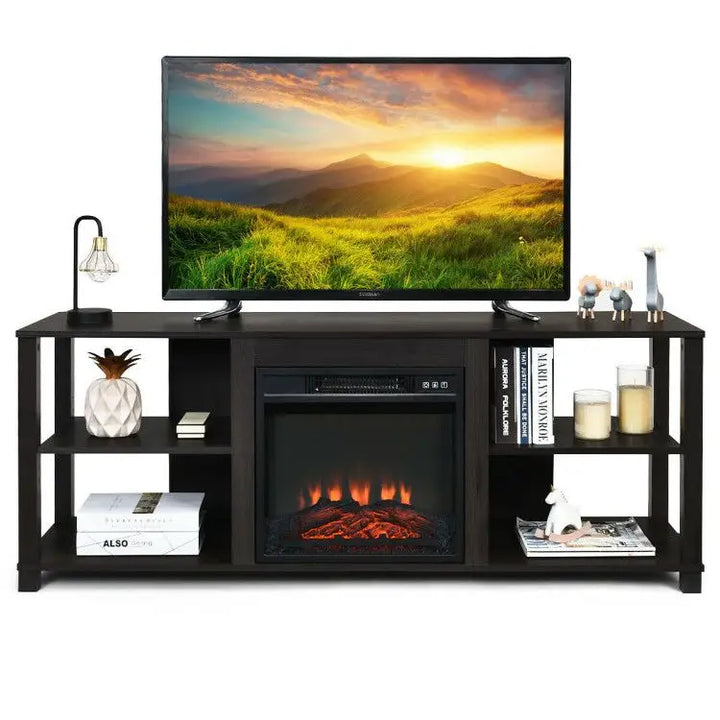 Dark entertainment center with electric fireplace and adjustable shelves for maximum weight capacity