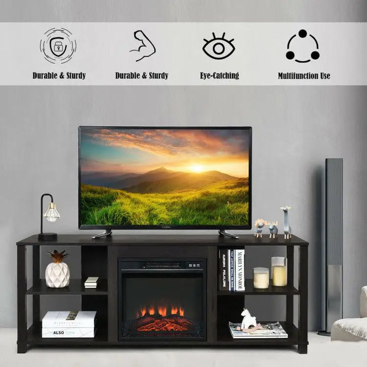 Dark brown Two Tier TV Stand with electric fireplace and adjustable shelves for maximum weight capacity