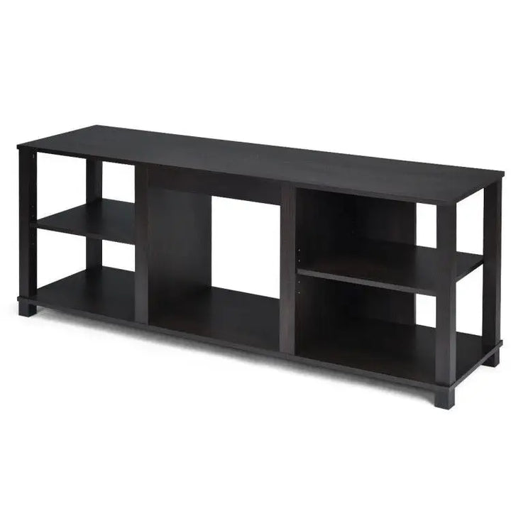 Black wooden TV stand with adjustable shelves and maximum weight capacity for electronics