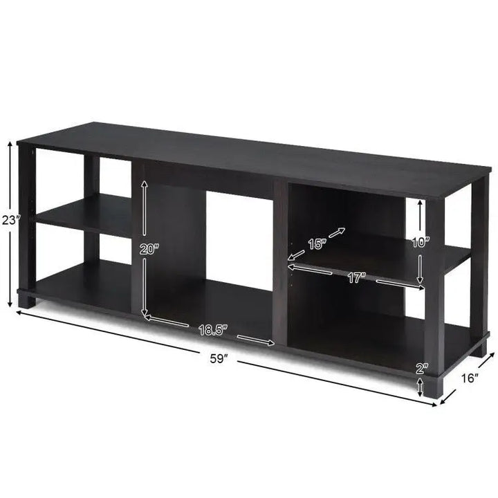 Black TV stand with adjustable shelves and maximum weight capacity for electric fireplaces