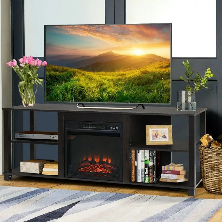 Dark entertainment center with electric fireplace and adjustable shelves for maximum weight capacity