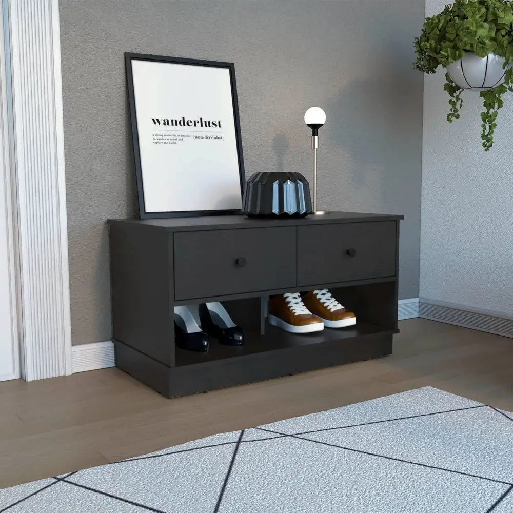 Dark gray shoe cabinet on Uranus Storage Bench with 1-year warranty coverage