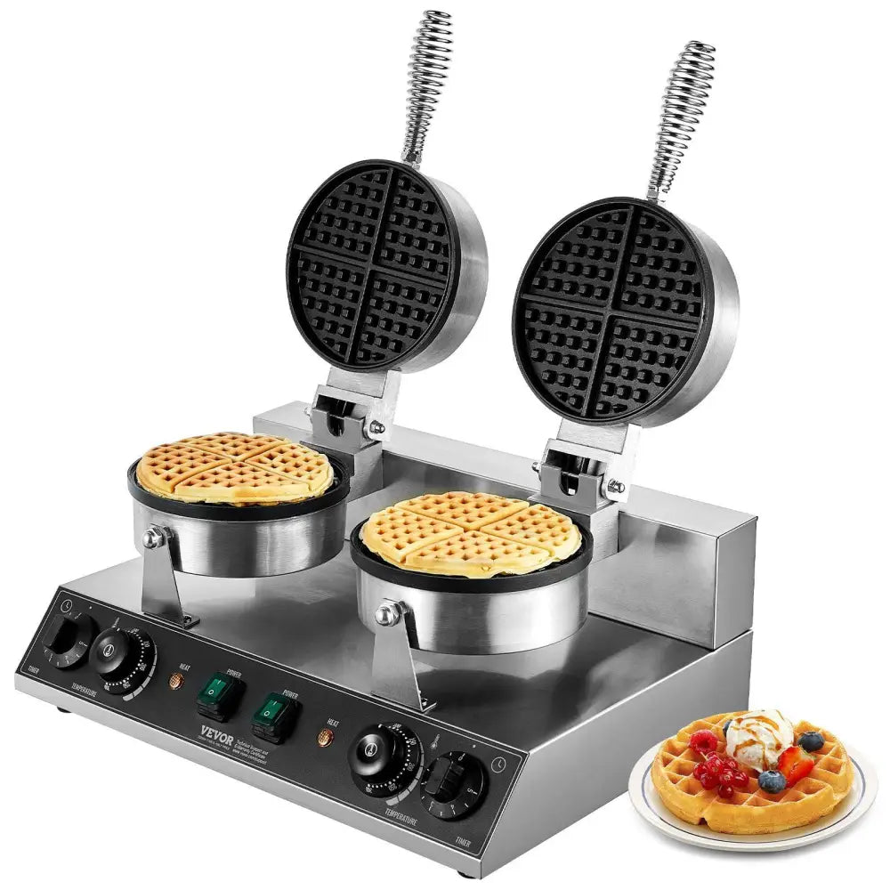Double waffle maker with freshly cooked delicious waffles for breakfast or dessert