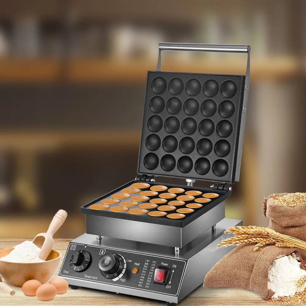 Stainless steel mini Dutch pancake maker with multiple circular molds for efficient cooking