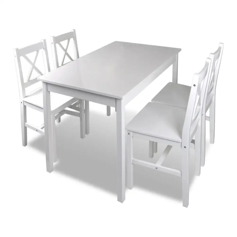 White wooden dining table set for kitchen or dining room, includes five-piece dining set