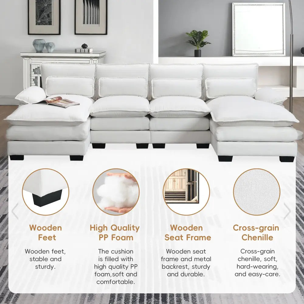 White Chenille U Shaped Sectional Sofa with high density foam, package quantity six