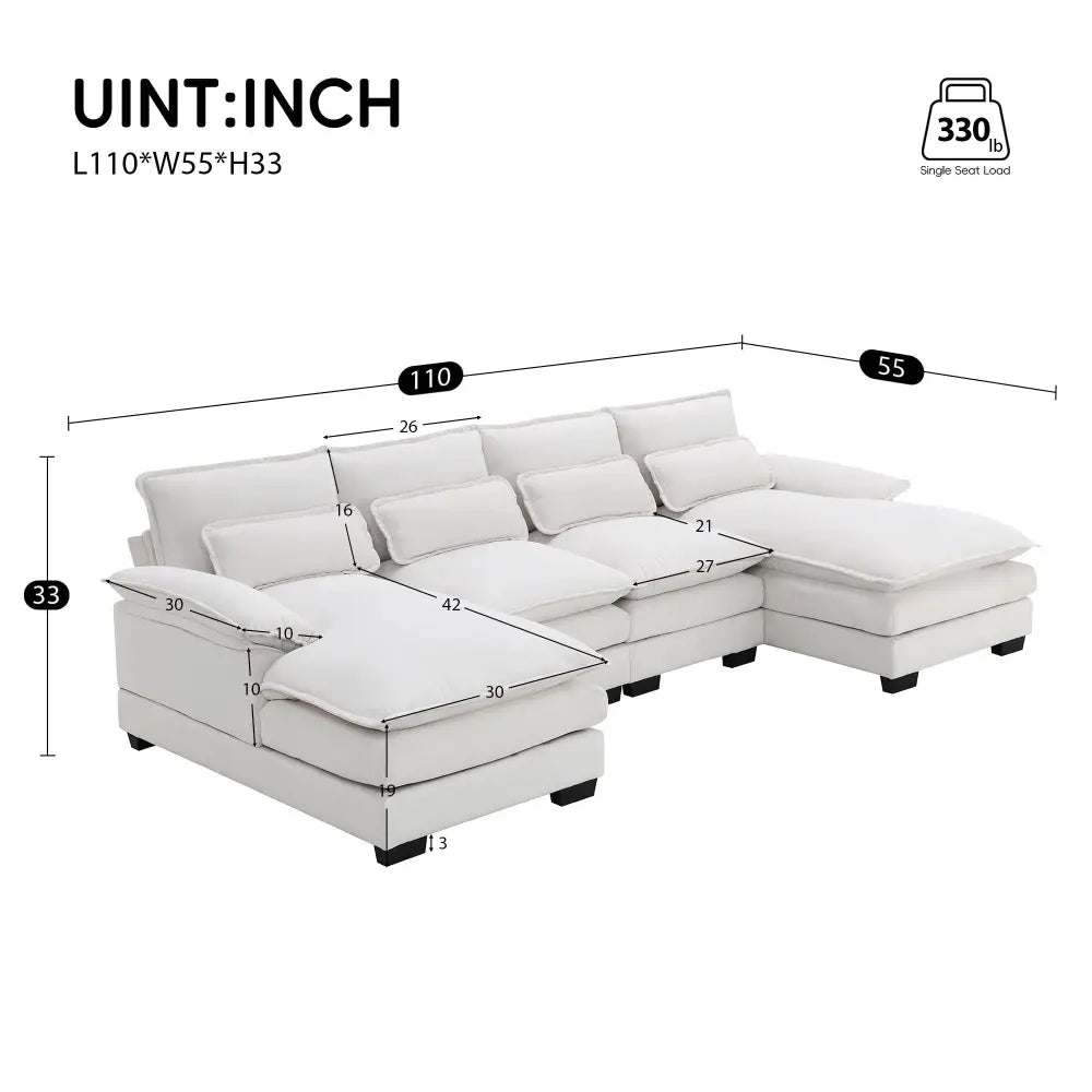 White Chenille U Shaped Sectional Sofa showing dimensions and package quantity