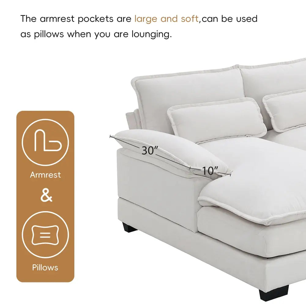White Chenille U Shaped Sectional Sofa with armrest pockets, high density foam, package quantity six