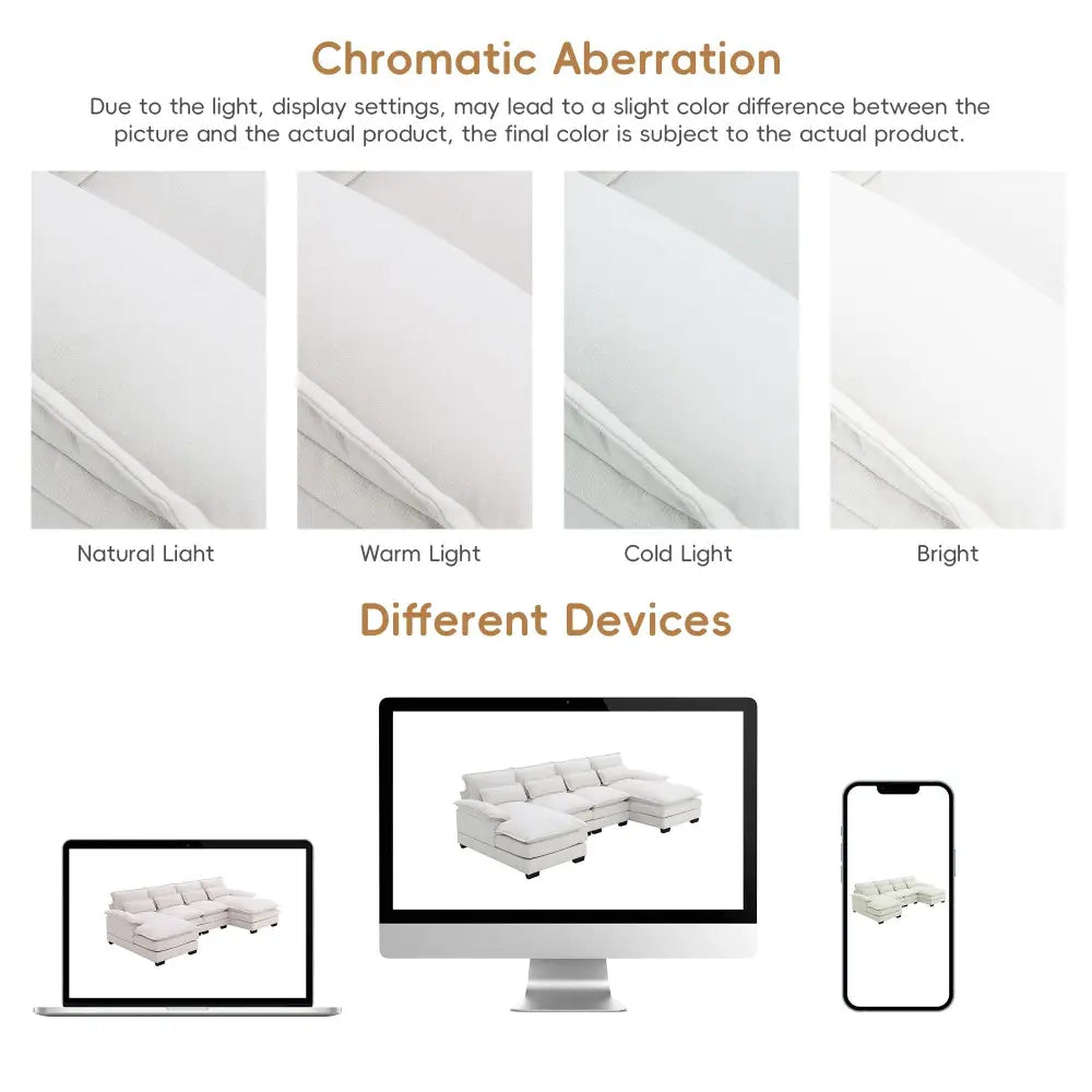 Color variation disclaimer for White Chenille U Shaped Sectional Sofa package quantity six with high density foam