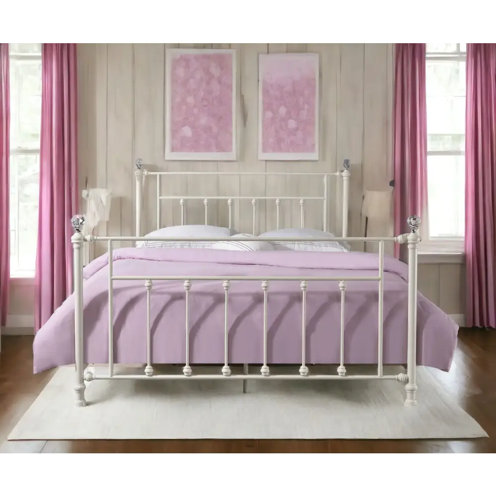 White finish metal frame with crystal accents for full bed and box spring support