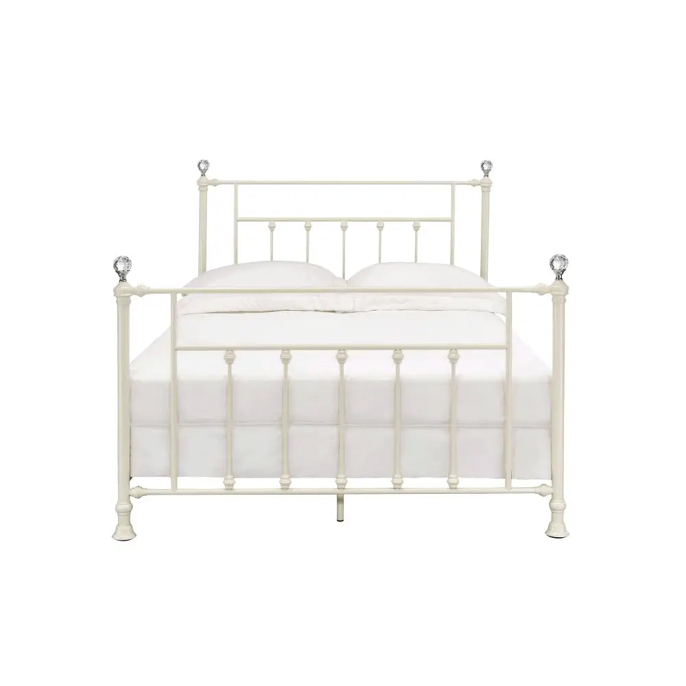 White finish metal bed frame with crystal accents and space for box spring