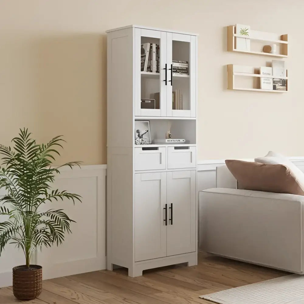 White four door bathroom cabinet with glass doors for stylish storage solutions