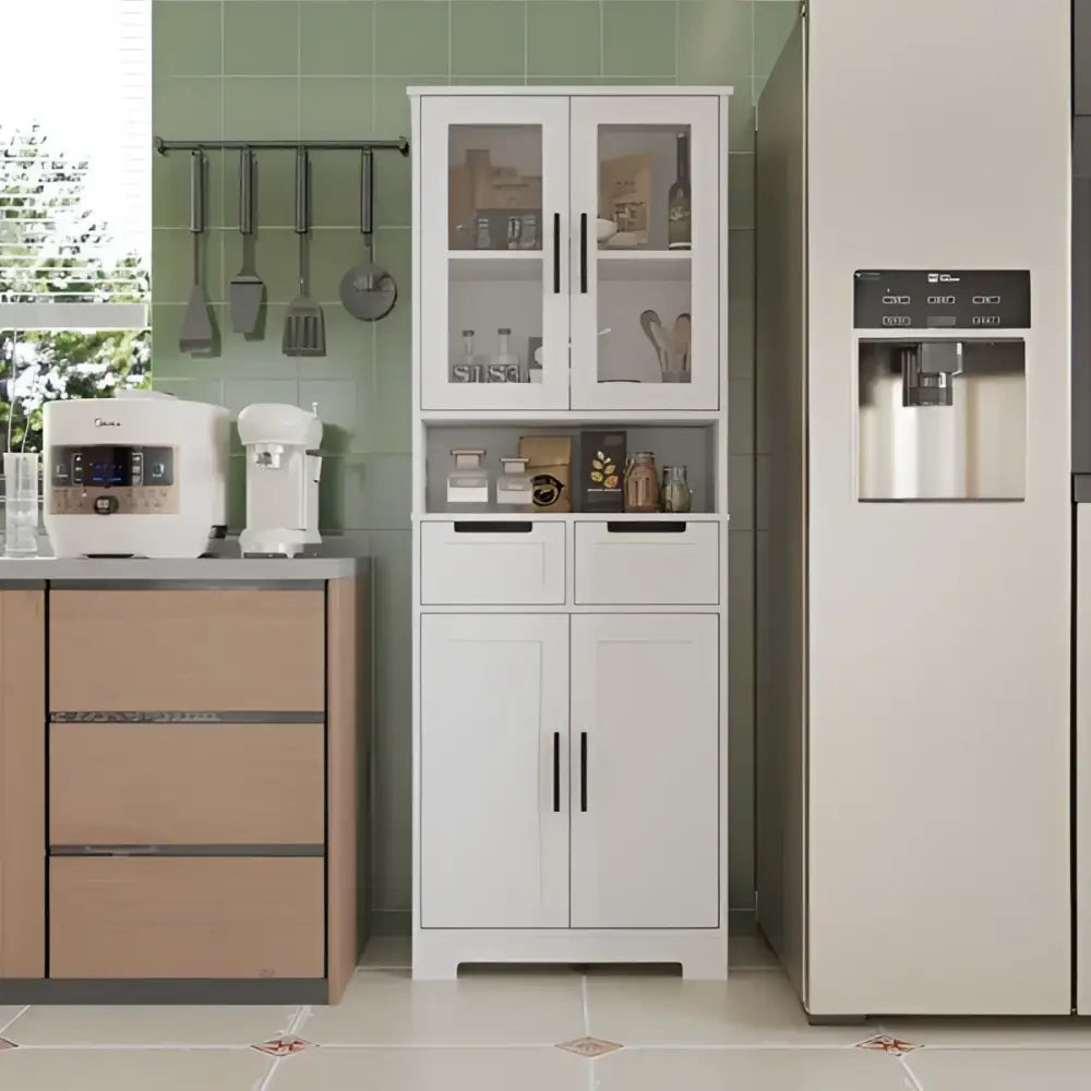 White bathroom cabinet with four doors, ideal for kitchen pantry storage