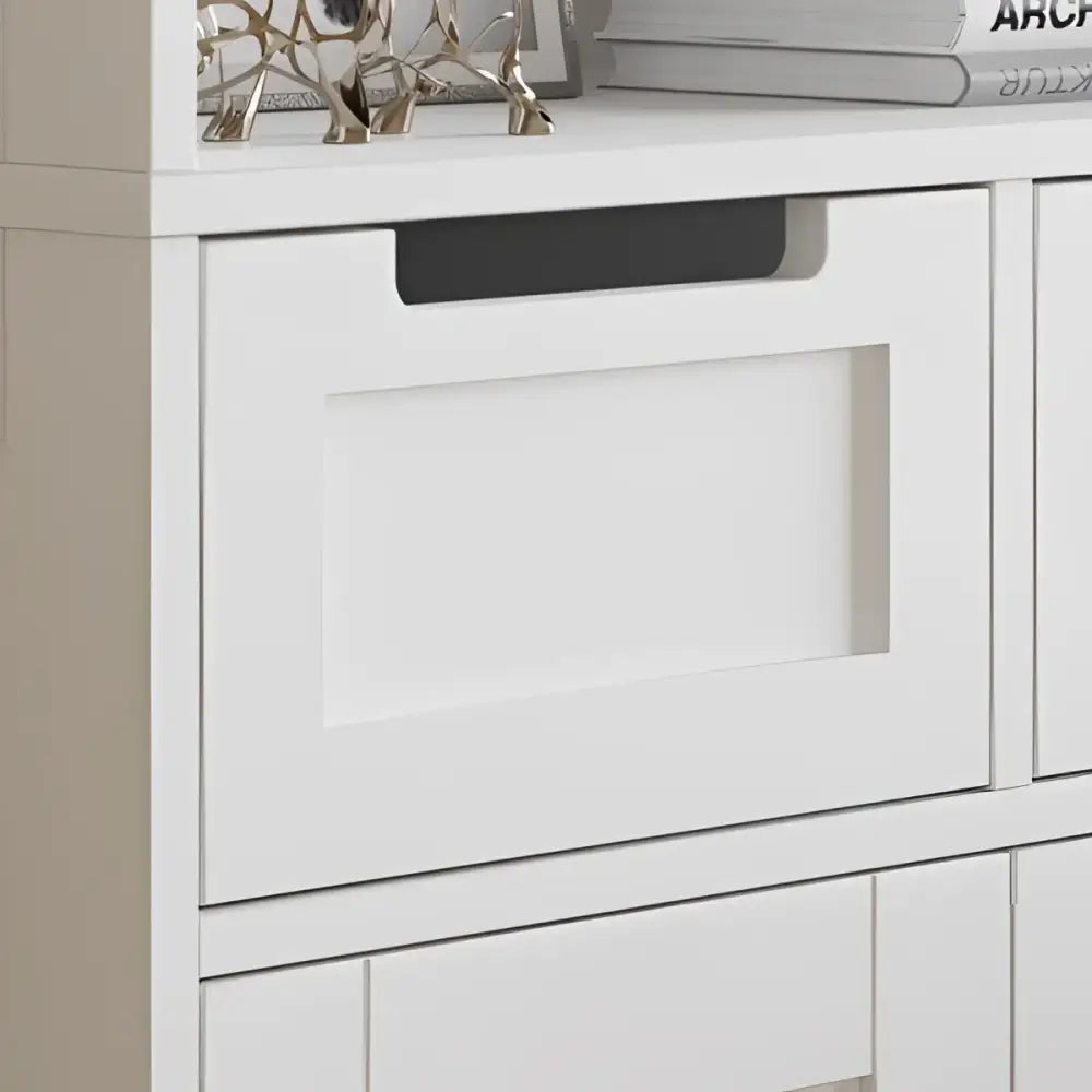 White bathroom cabinet with four doors and a sleek drawer for ample storage space