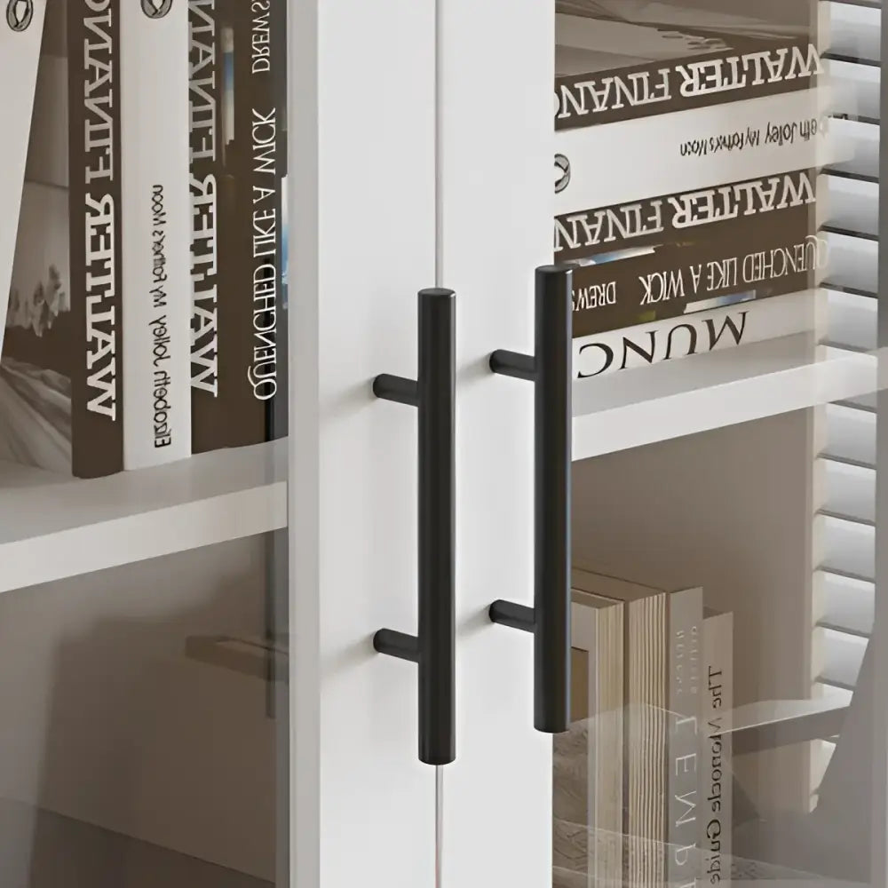 White four door bathroom cabinet with black handles for stylish storage