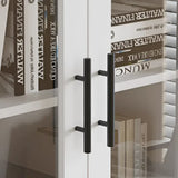 White four door bathroom cabinet with black handles for stylish storage