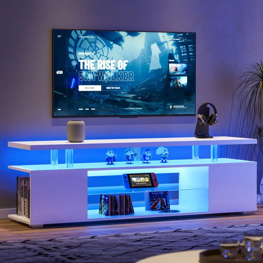 Illuminated white media console ideal for gaming consoles in a modern living room entertainment center