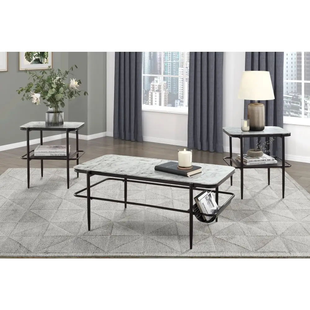 White marble print tempered glass coffee table and end tables set with black metal frames