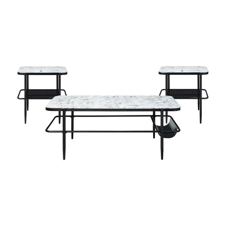 White Marble Print Tempered Glass Coffee and End Tables Set for elegant living rooms