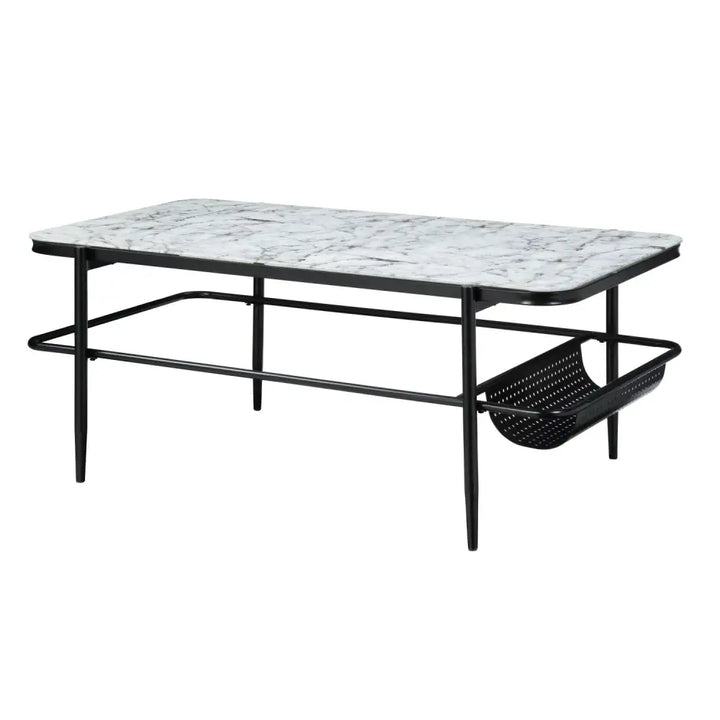 Rectangular marble print tempered glass coffee table with magazine rack and matching end tables