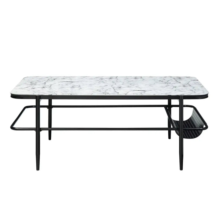 White Marble Print Tempered Glass Coffee Table with Magazine Rack and Matching End Tables