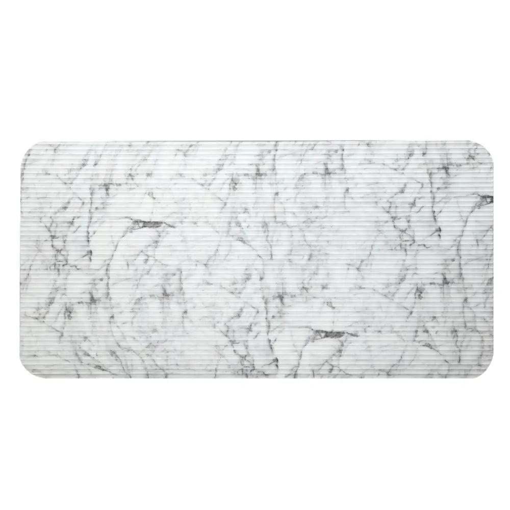 Rectangular marble print tempered bath mat next to White Marble Print Tempered Glass Coffee Table and End Tables Set