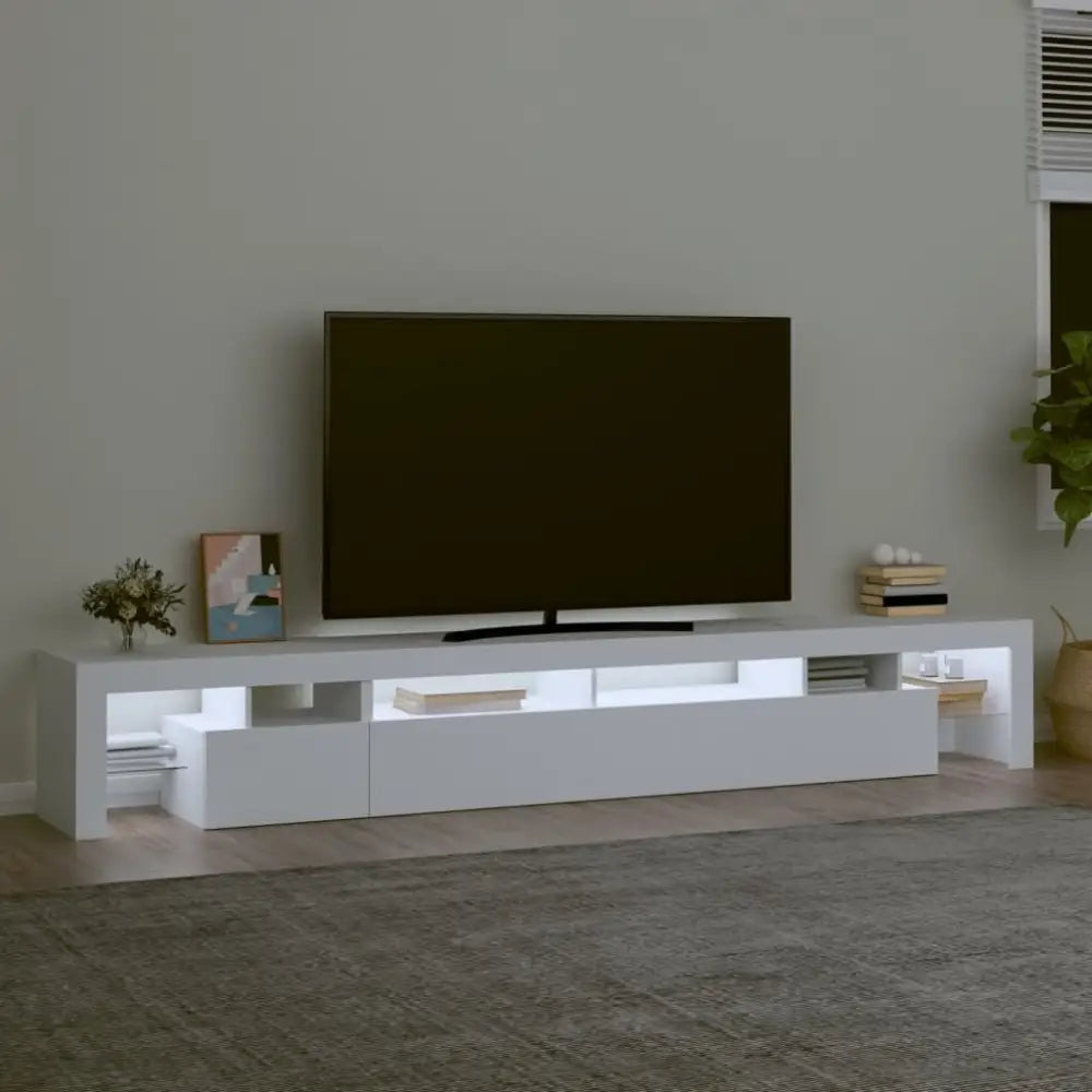 White TV stand with LED lights featuring RGB LED for customizable lighting effects