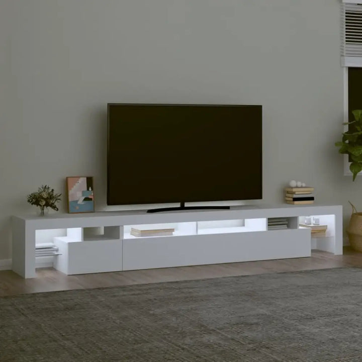 White TV stand with LED lights featuring RGB LED for customizable lighting effects