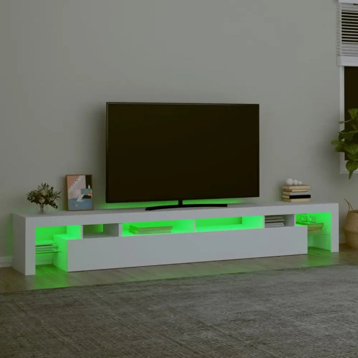 White TV stand with LED lights featuring RGB LED lighting for modern home décor