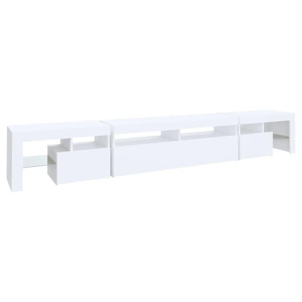 White modular TV stand with LED lights and RGB LED features for modern entertainment spaces