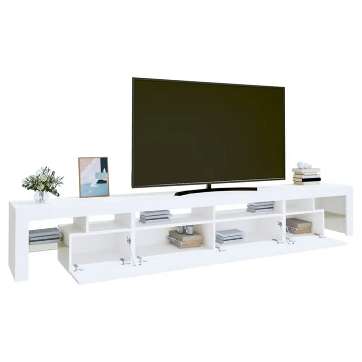 White TV stand with LED lights featuring RGB LED and ample storage space