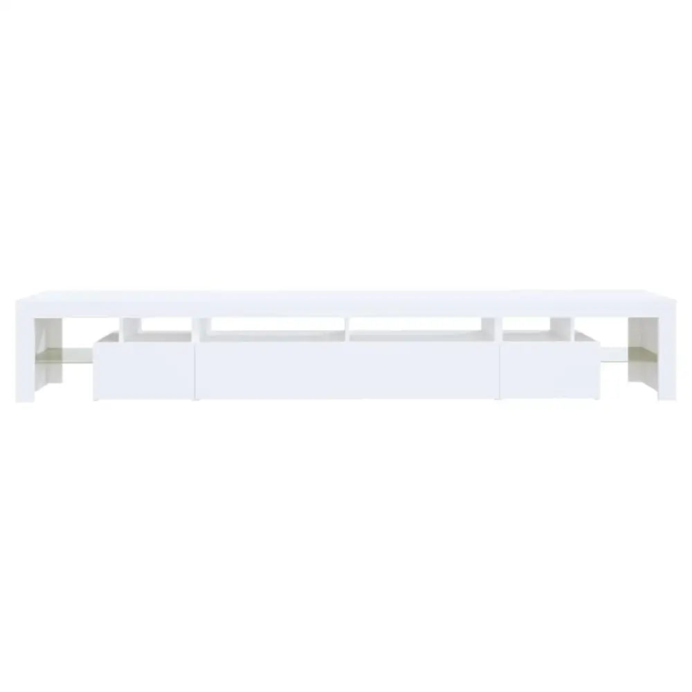 White TV stand with drawers and shelves featuring RGB LED lights and color-changing features