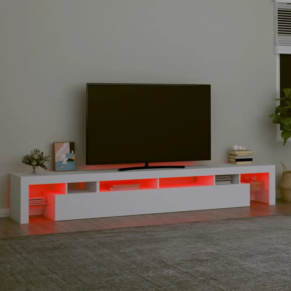 White TV stand with LED lights featuring RGB LED for modern home entertainment