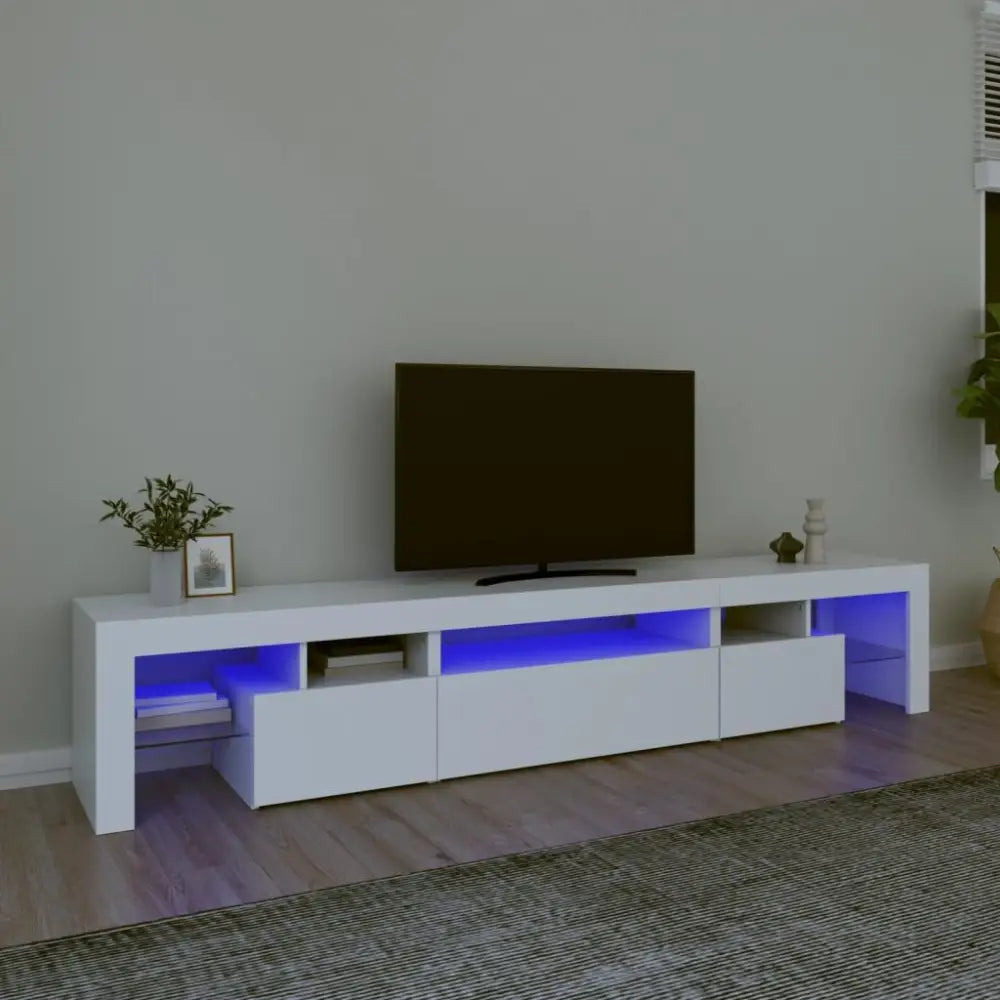 White TV stand with LED lights featuring RGB LED for modern home entertainment setups