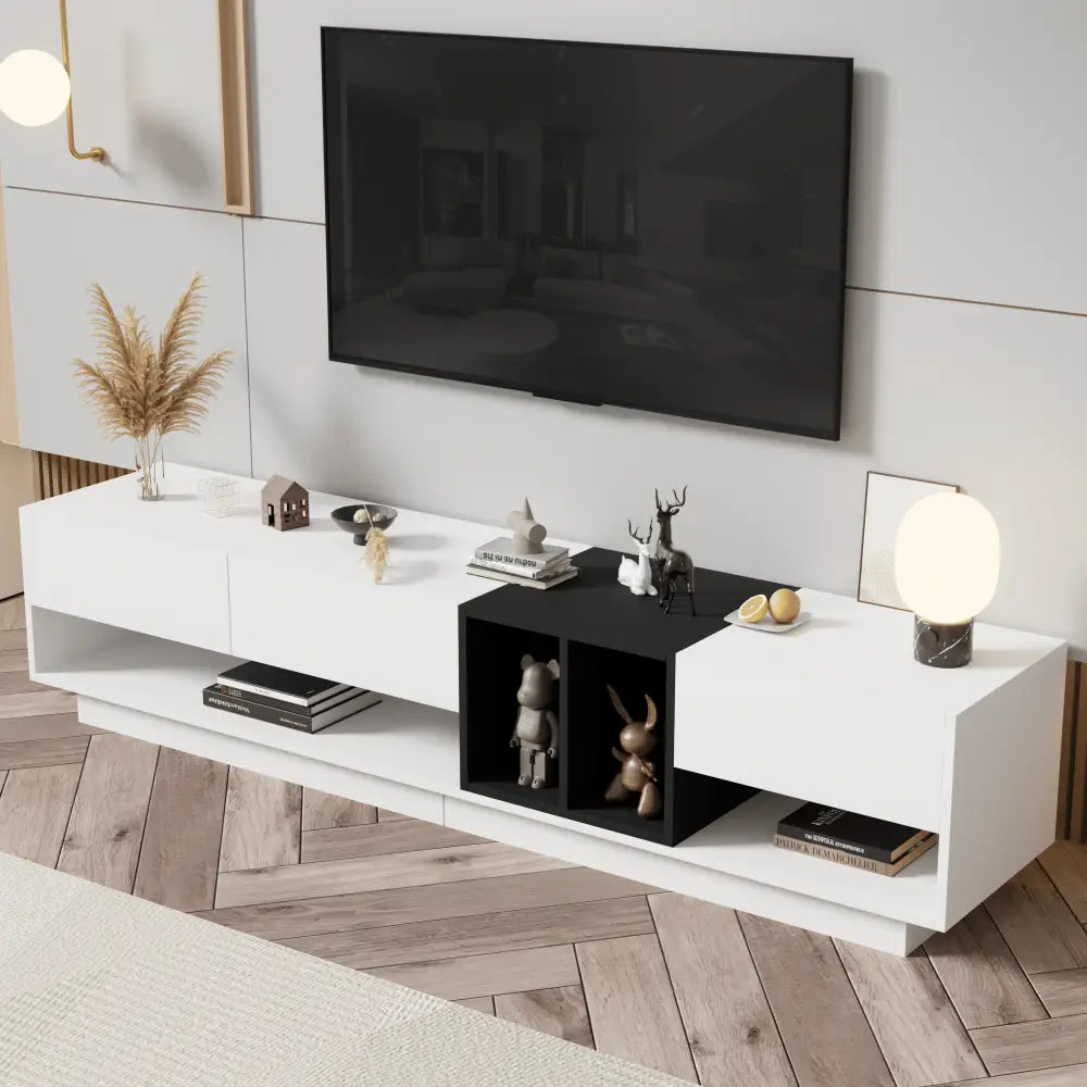 White two-tone particle board TV stand for 80 inch TVs storing daily items