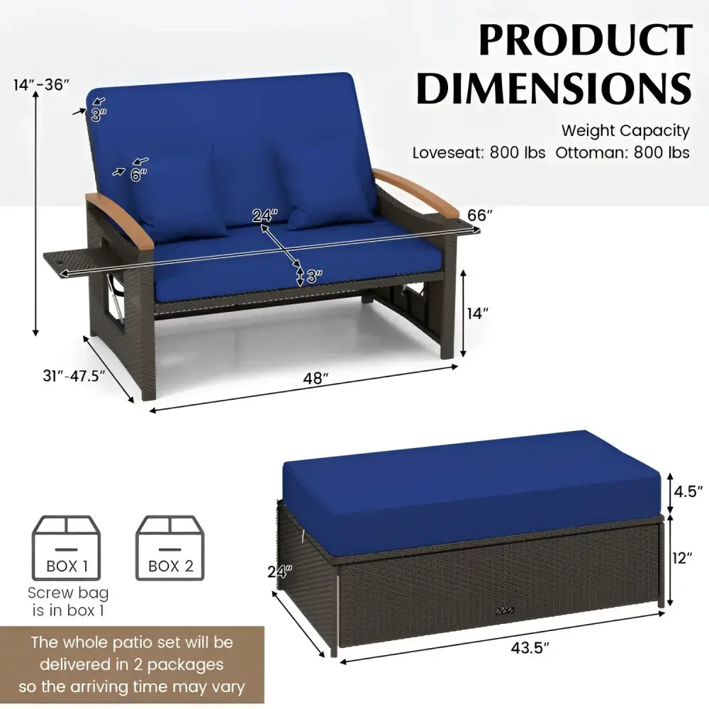 Blue cushioned patio conversation set with ottoman cushion and lbs weight capacity
