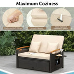 Brown wicker outdoor loveseat with ottoman cushion in Wicker Daybed with Ottoman Conversation Set