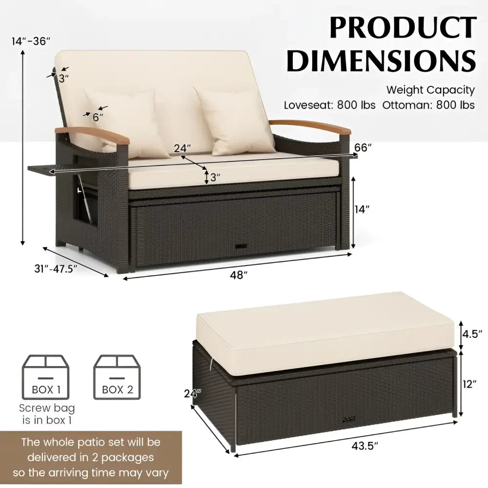 Patio loveseat with ottoman cushion and dimensions in Wicker Daybed Conversation Set